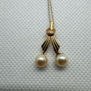 Vintage 14k Yellow Solid Gold Double Pearl Pendant Necklace 17”, 2.11g, 6mm